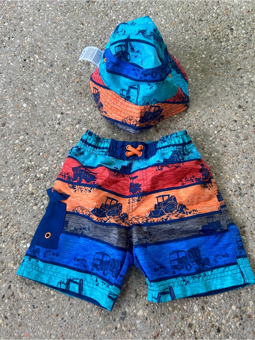 Kids' Construction Stripe Swim Trunks and Bucket Hat - Blue/Orange/Red